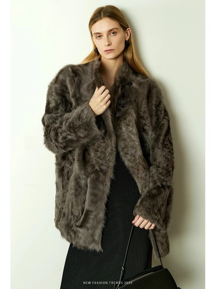 

High-end Luxury Natural Lamb Fur Winter Furry Jackets Women Simple Stand Collar Double-sided Wear Genuine Leather Real Fur Coat