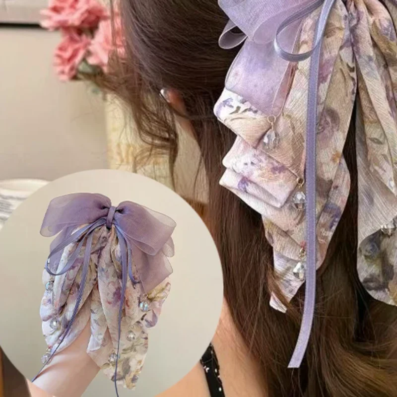 Sweet Floral Bow Bead Ponytail Clip Women French Elegant Hair Clips Shark Clip