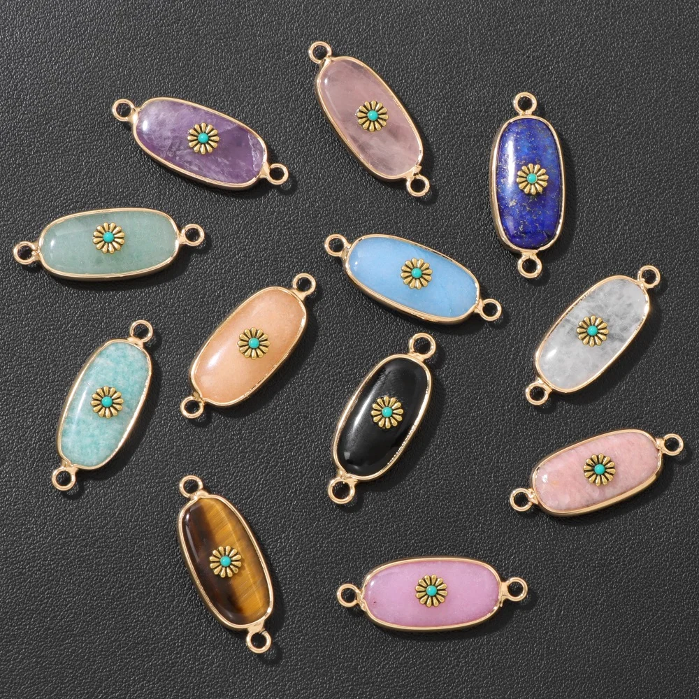 2pcs Natural Stone Pendant Connector Rose Quartz Amethyst Beads Pendant Charms for Making DIY Jewerly Bracelet Necklace 10x30mm