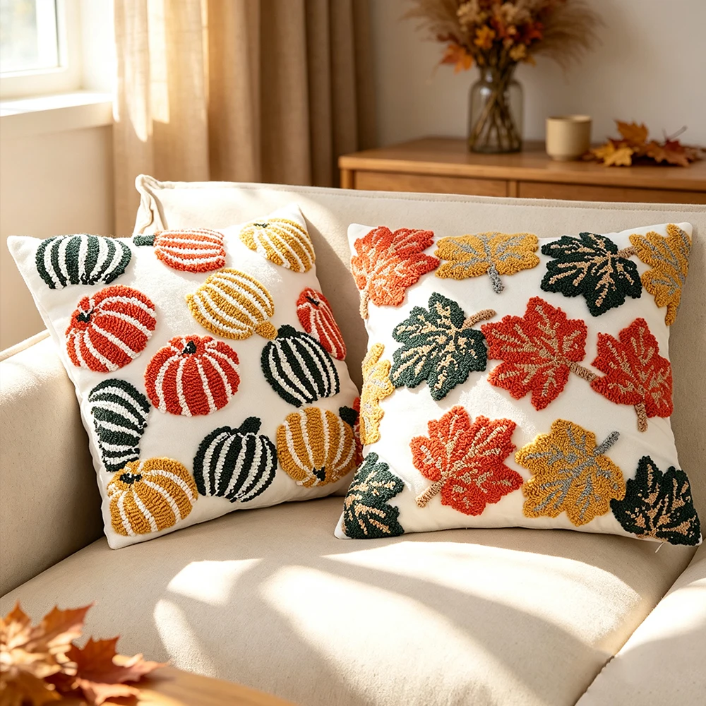 BUYNOW 1PC Halloween Hoop Velvet Embroidered Colored Pumpkin Maple Leaf Pillowcase Bedroom Accent Pillowcase Modern Home Decor