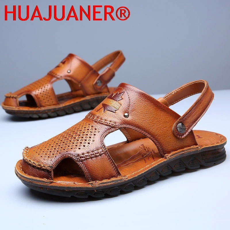 2026 Summer Sandals Men's Genuine Leather Outdoor Casual Shoes Cow Rib Soft Sole Beach Shoes Men's External Slippers Men's Shoes