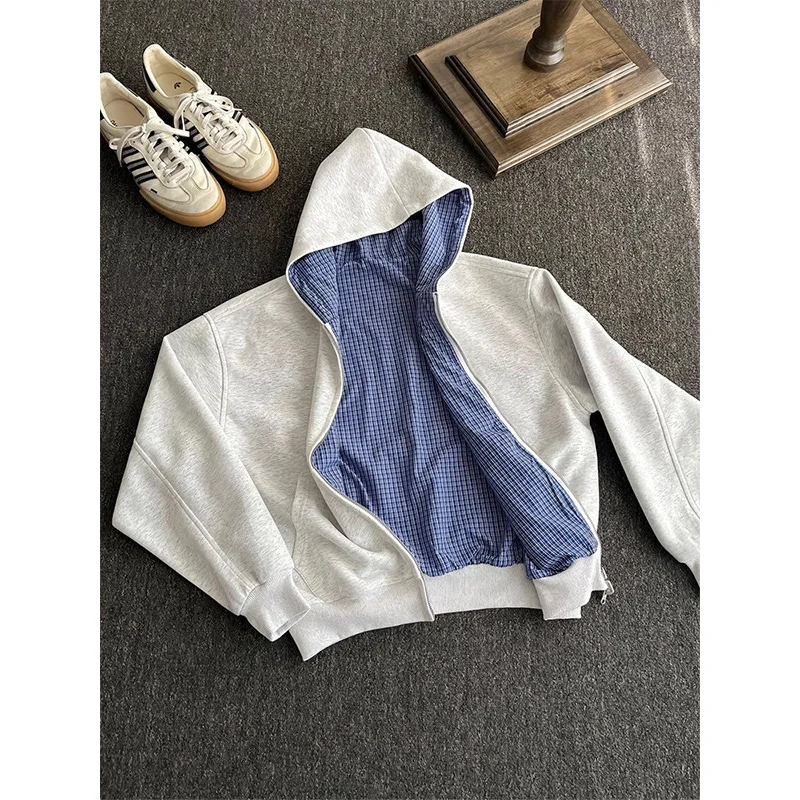 2026 Spring Autumn Men's Light Gray Plaid Hooded Cardigan Y2K Casual Reversible Two Side Wear Hoodie Sweatshirt Streetwear Coat