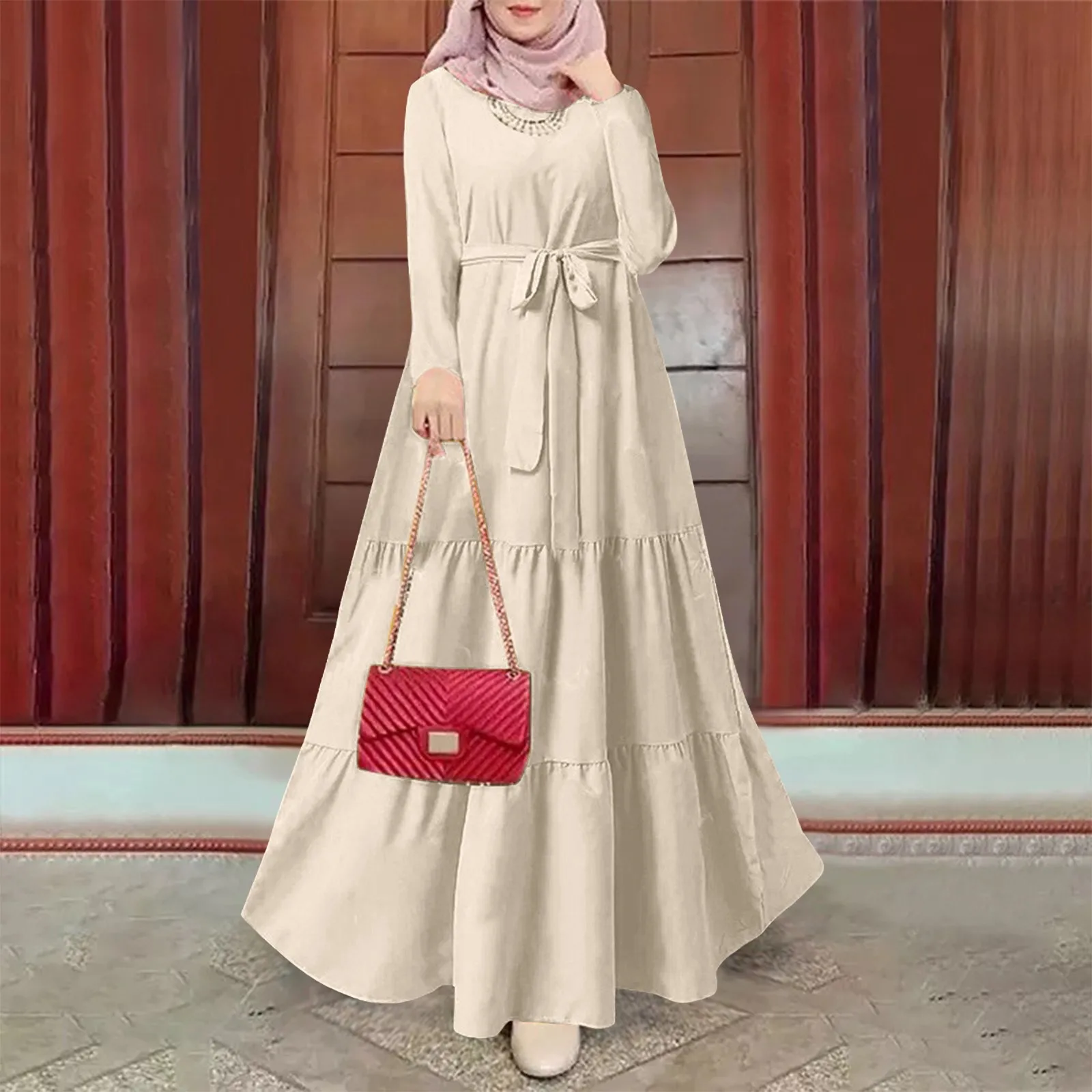 Vestido musulmán de manga larga para mujer, vestidos con volantes multicapa, informales, elegantes, ajustados, con cintura empalmada, novedad de 2024