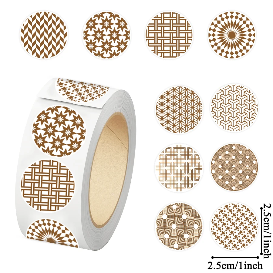 500 Pcs Brown Geometric Pattern Round Stickers Roll, Printed Decorative Circle Labels for Packaging, Envelope Sealing