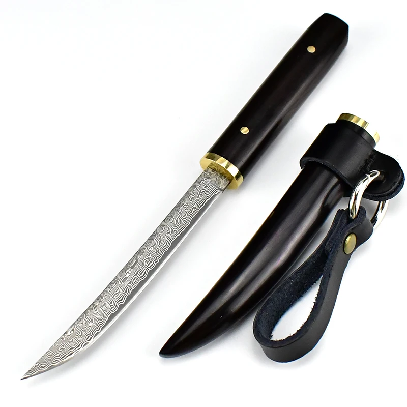 Japanese samurai style collectable hunting knife 107 layer damascus steel handmade fixed blade knives with ebony handle sheath