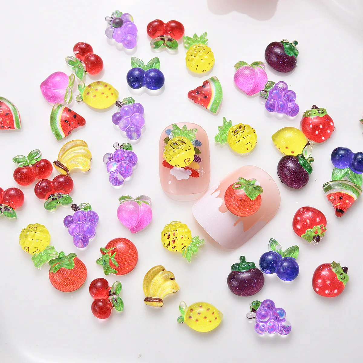 50PCS Decorations Mini Fruit Cherry Apple Watermelon 3D Resin Nail Accessories Cartoon Fruit Mini Nail Art Decorations