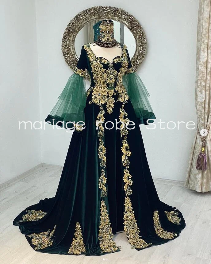 Emerald Green Muslim Caftan Prom Dresses Fairy Long Sleeve Velvet Gold Applique Caftanmorocco Henna Evening Gowns