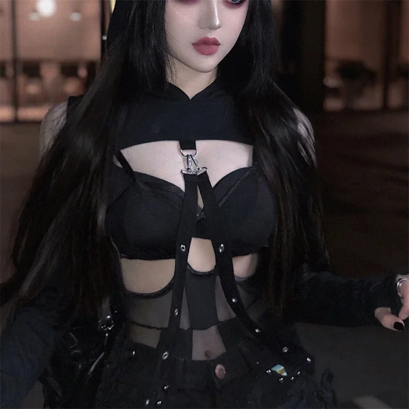 New Summer Black Gothic Sexy Hooded Women Clothes Long Sleeve Punk Chic Crop Top Cold Shoulder Sweatshirt with Cool Chain