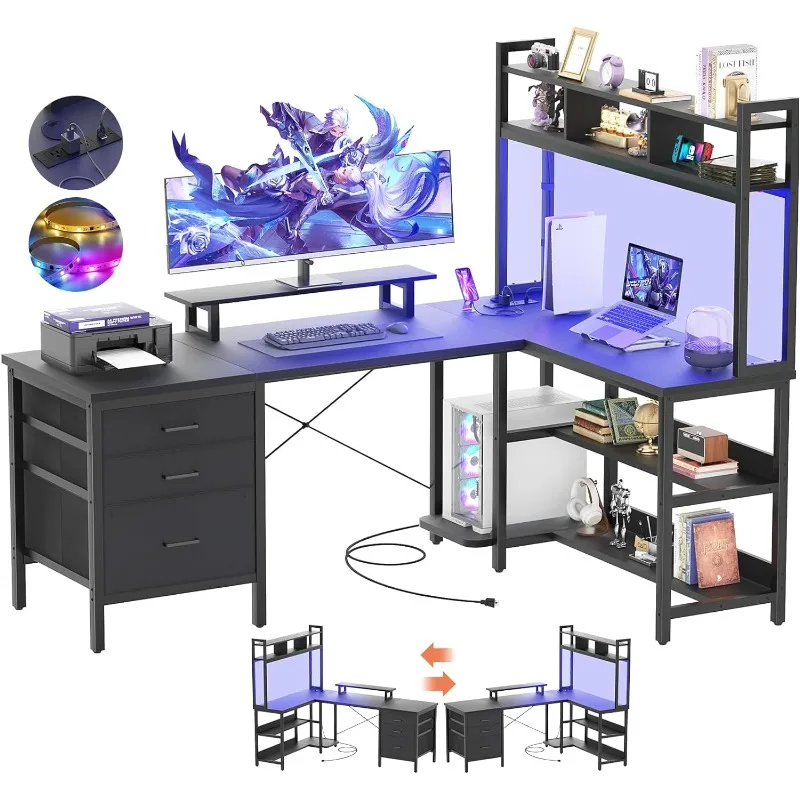 L Shaped Gaming  with Hutch, Gaming Desk with Led Lights, Reversible Computer Desk with Power Outlet, Corner Desk