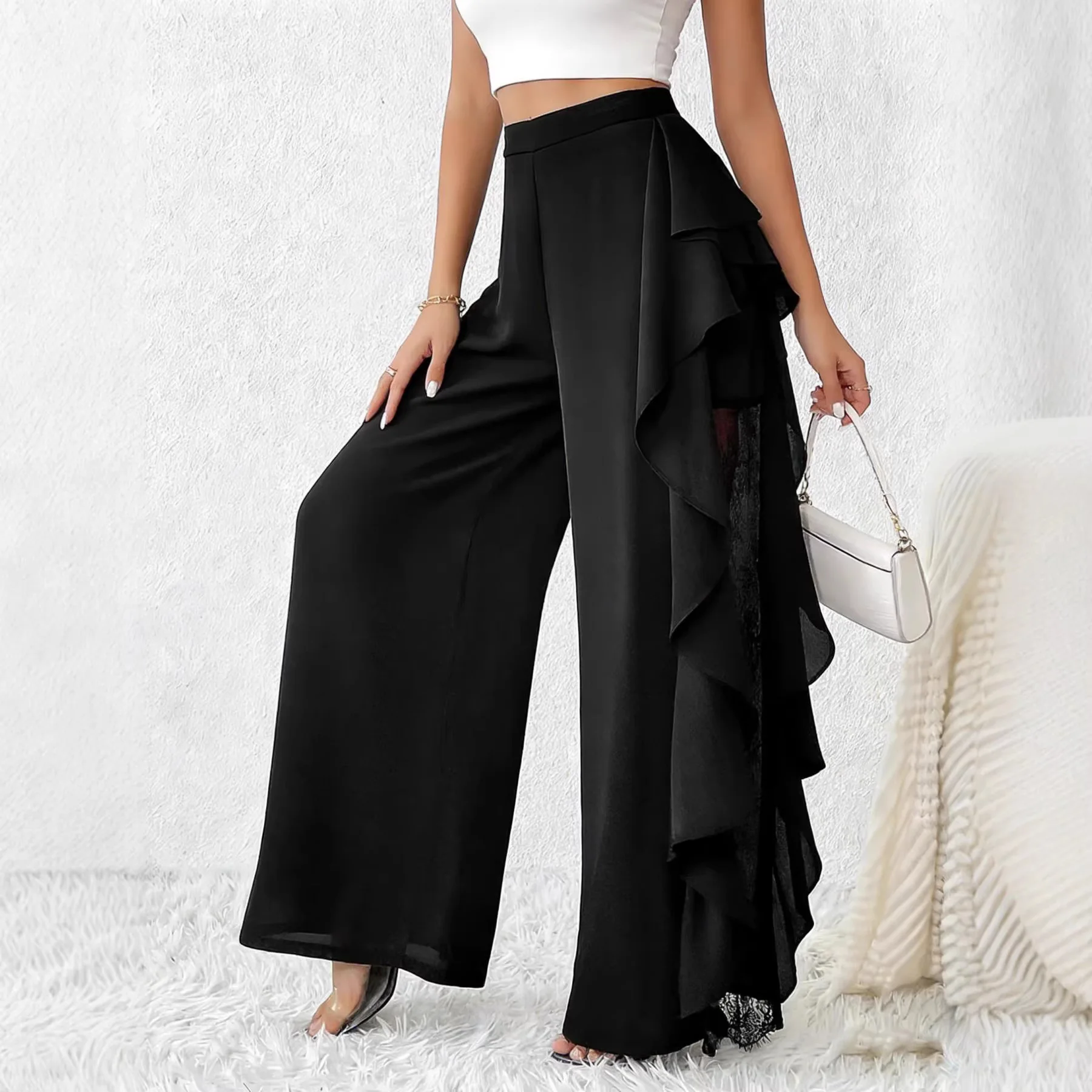 

Black Lace Long Pants Women Fashion Mesh Irregular Patchwork Wide-leg Pants Lady High Waisted Casual Holiday Streetwear