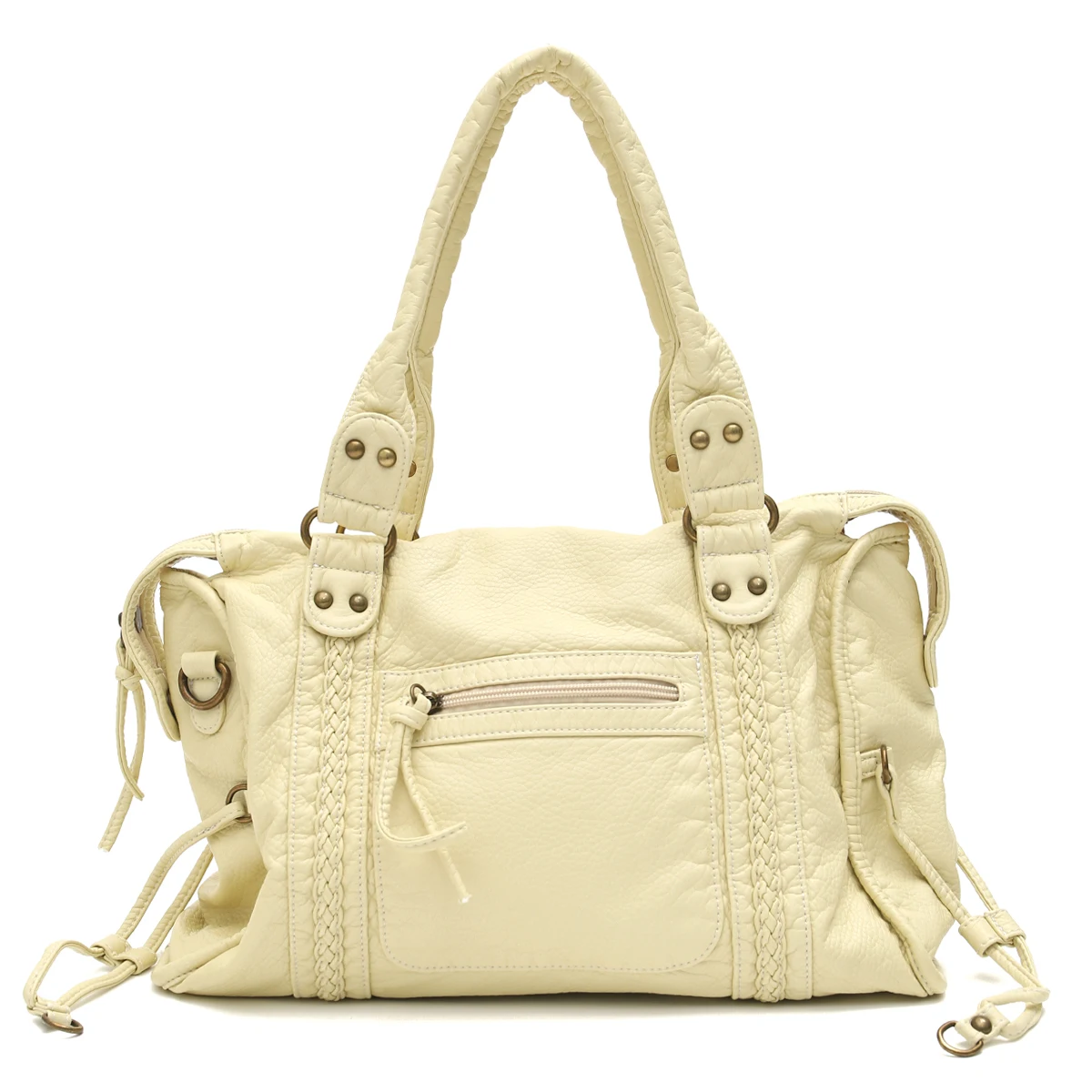 Vintage gewaschenes PU-Leder, große Kapazität, Reißverschlusstaschen, geflochtenes Dekor, Schultertasche, Umhängetasche, Unisex, Damen, tägliche Reisehandtasche