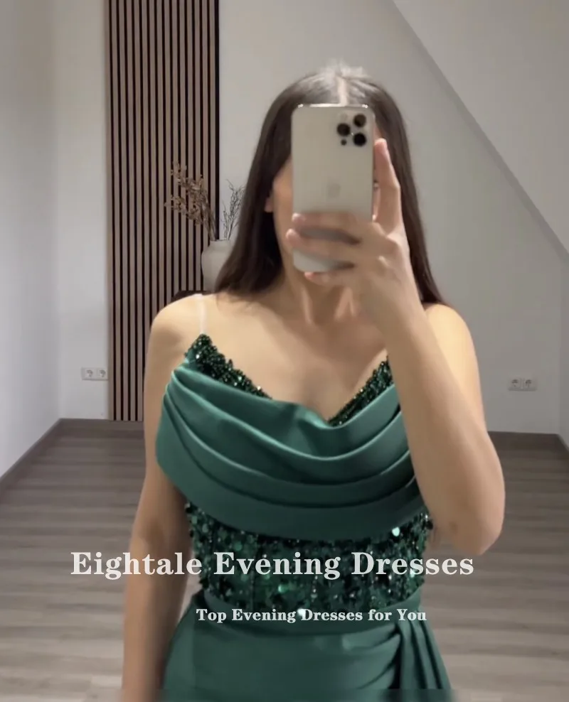 Eightale Green Evening Dress for Wedding Party Beaded V-Neck Pleats Mermaid Satin Prom Gowns vestido elegante mujer para fiesta