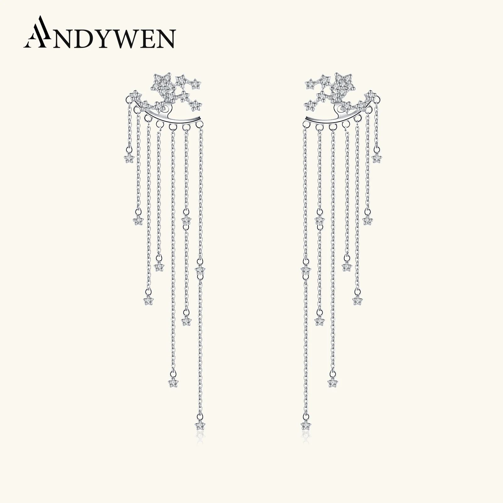 

ANDYWEN 925 Sterling Silver Starfall Jackets Earrings Drop Chain Zircon CZ Brand Fine Jewelry 2023 Wedding Crystal Luxury Jewels