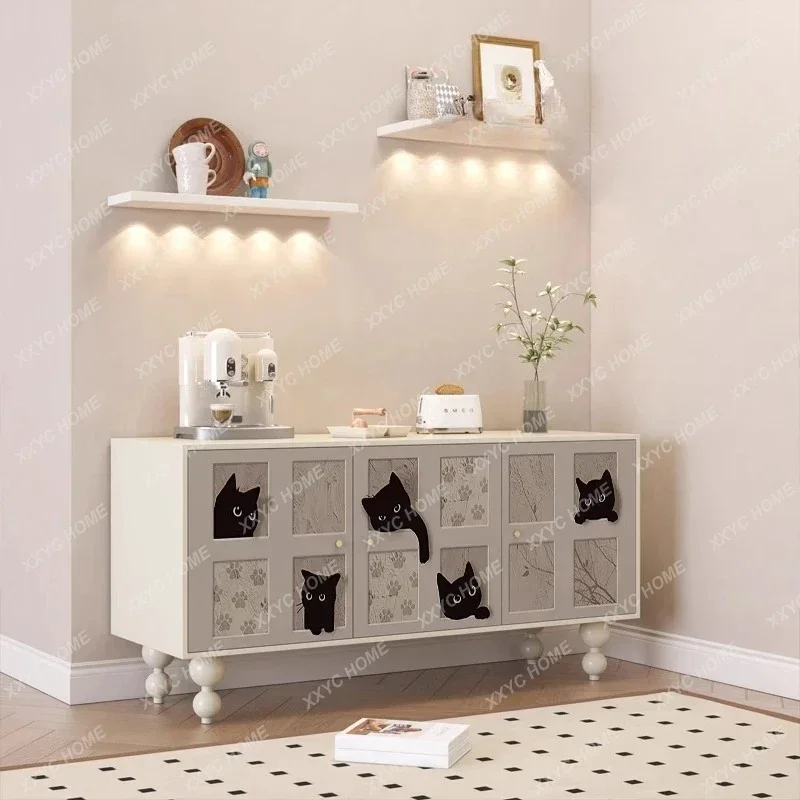 

A Cream 1Style Cute Cat Entry Entrance Cabinet Pure Solid Wood Living Room Kitchen Storage Cabinet
