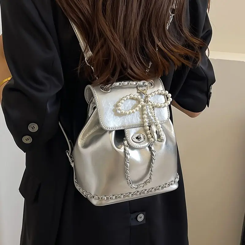 Premium Foreign Style Niche Silver Women's Backpack New Mini Versatile Backpack Student Travel Schoolbag Exquisite Personality