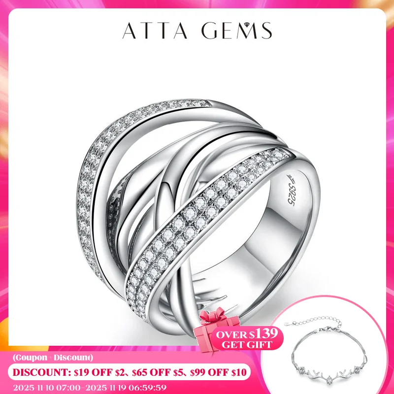 ATTAGEMS S925 anillos de moissanita plateados para mujer 18K chapado en Color D VVS1 diamante cruzado banda de boda fiesta joyería fina regalo