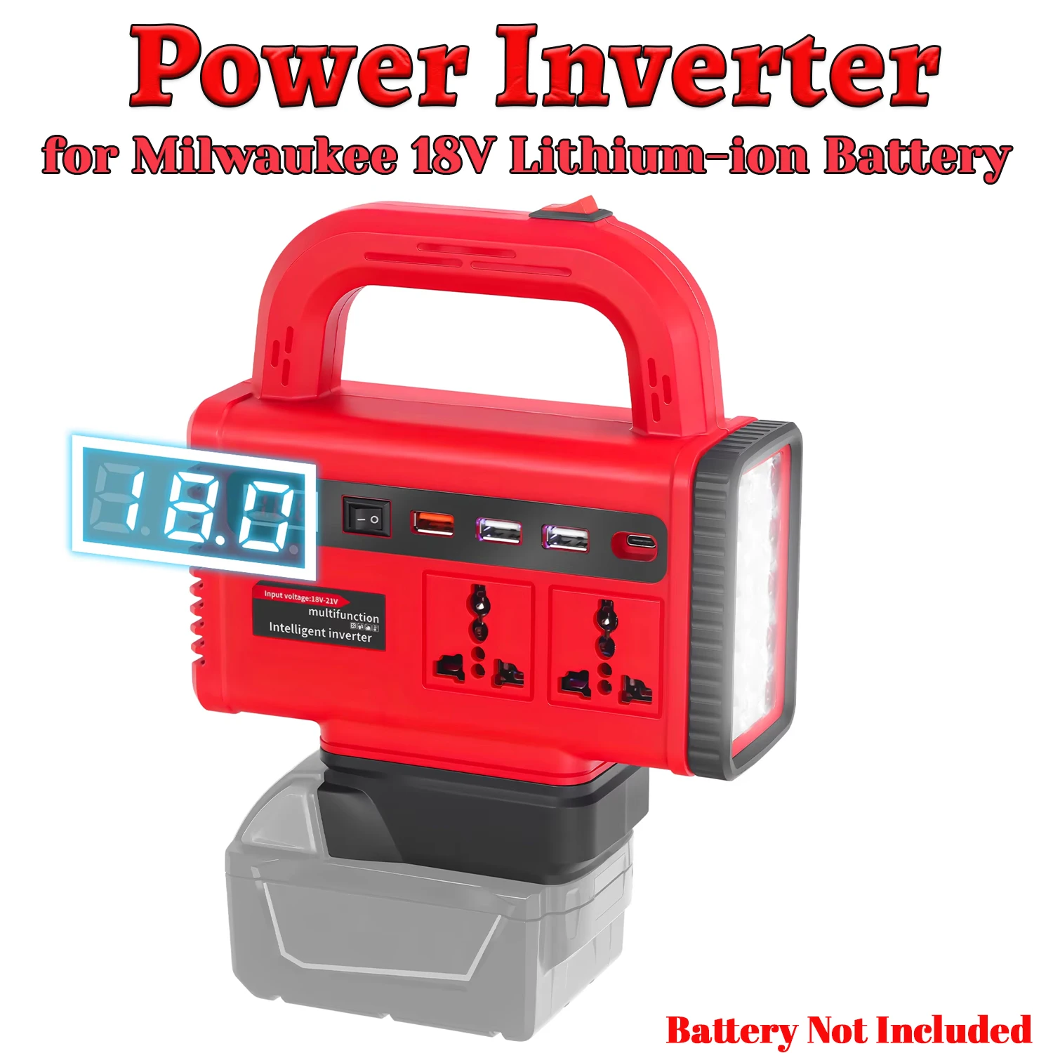 150W Portable Power Inverter For Milwaukee 18V Battery, DC to AC 110V/220V, USB-C & LED Light, Camping Emergency, No Battery
