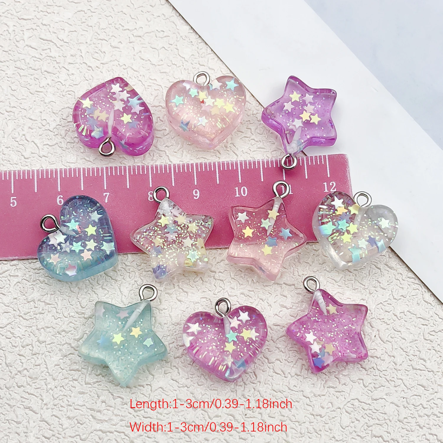 10pcs Resin Simulated Transparent Glitter Sequins Small Hearts and Stars Earring Keychain Charms DIY Accessories.