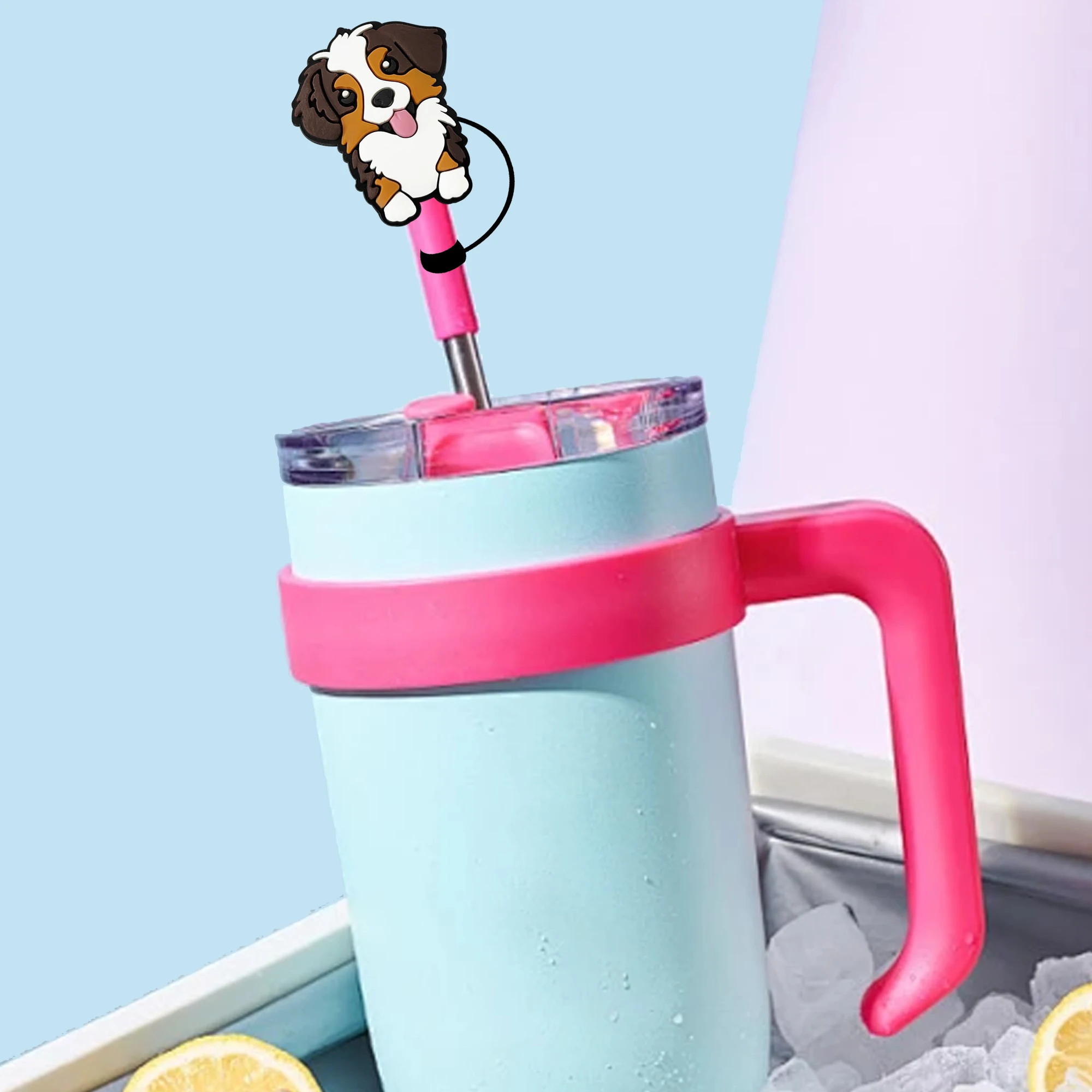 1-12pcs Dog Husky Animal Lid Accessories Straw Cover Cap For Stanley Cup Reusable 10mm Silicone Straw Topper Compatible 30&40 Oz