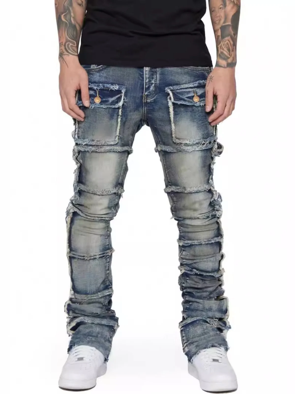 

Мужские джинсовые брюки-карго прямого кроя с эластичными вставками, длинные рабочие брюки со средней посадкой, модные джинсы с высокой эластичностью