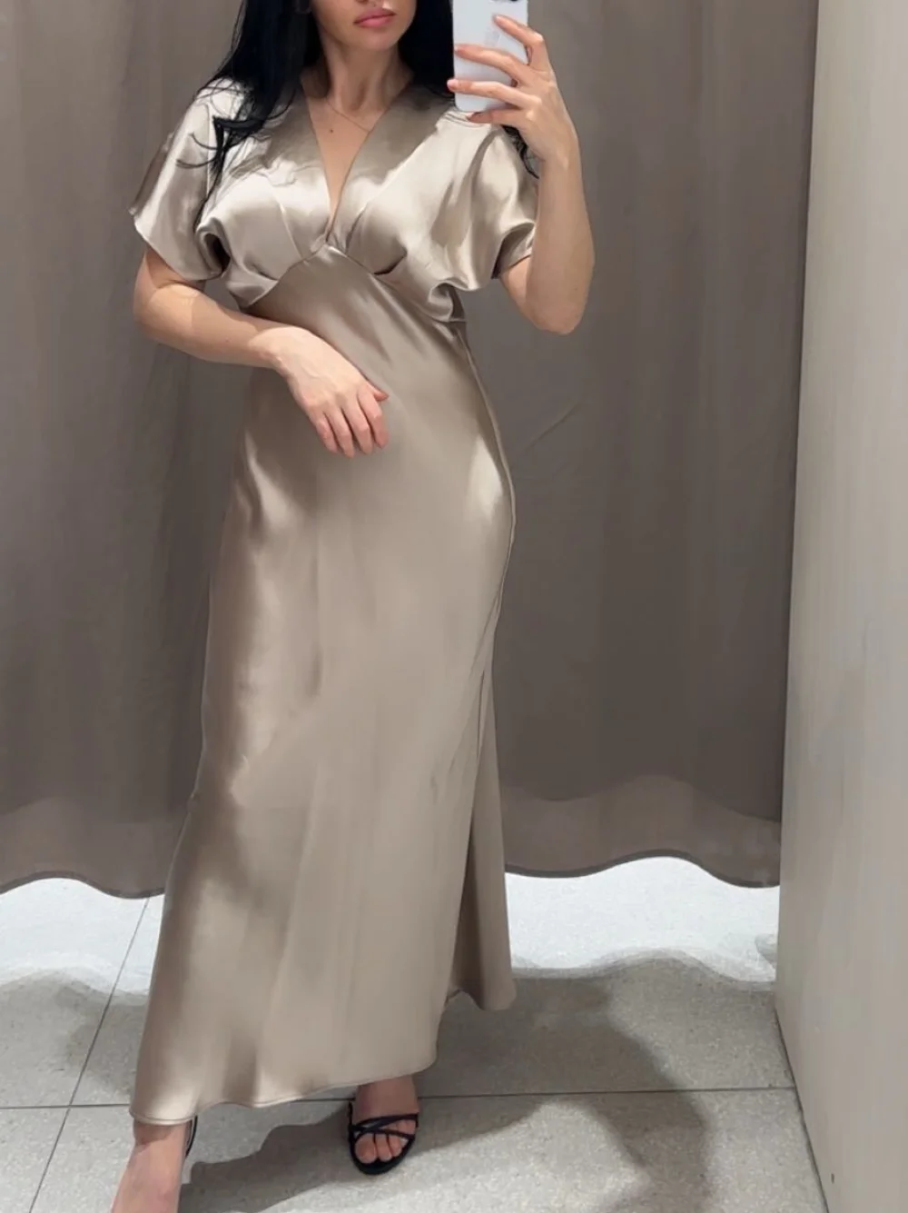 Sexy V-neck satin long skirt female V-neck short-sleeved straight dress fashionable summer elegant party dress