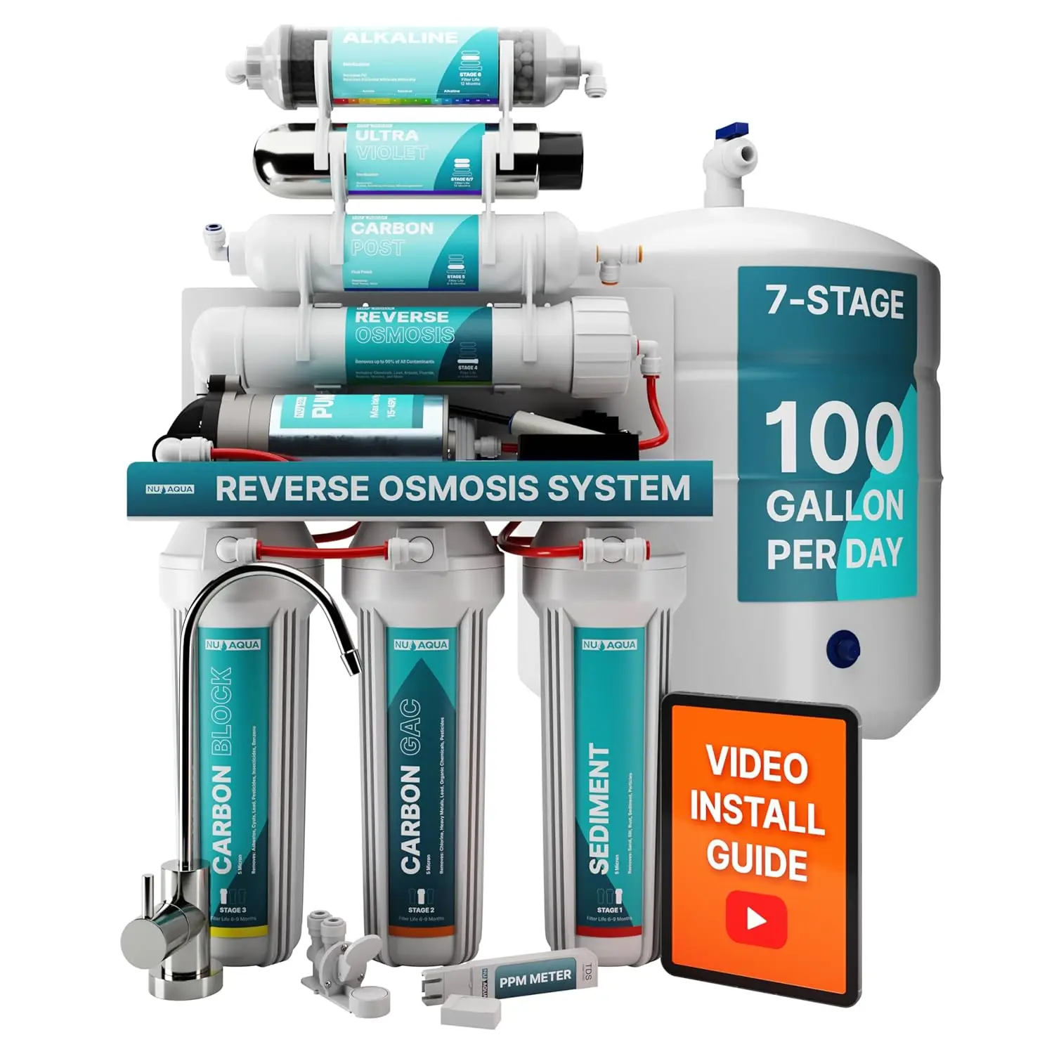 7-Stage   Under Sink Reverse Osmosis Water Filter System - Booster Pump - 100 GPD RO Filtration & Reminerali