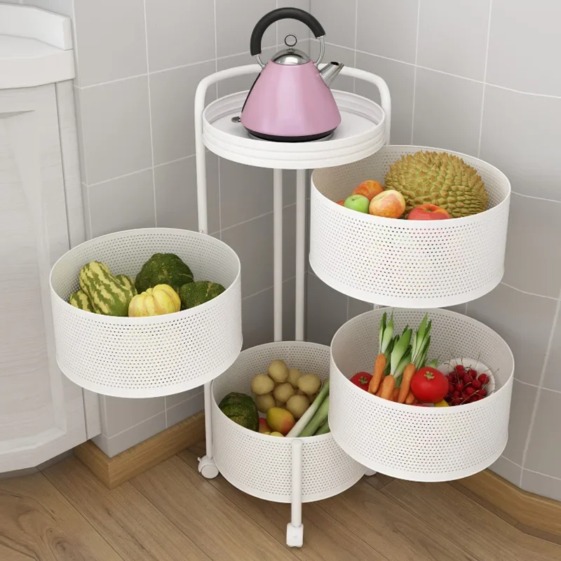 Rotating Vegetable Rack Kitchen Floor Multi-layer Shelf Household Circular Basket Cylindrical Storage Rack Spice Organizer