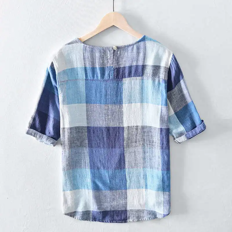 

Loose Retro Men's Plaid irt Breathable Cotton T-irt Faionable Urban Sle Summer Clothing Warmth Function Five Sve L...