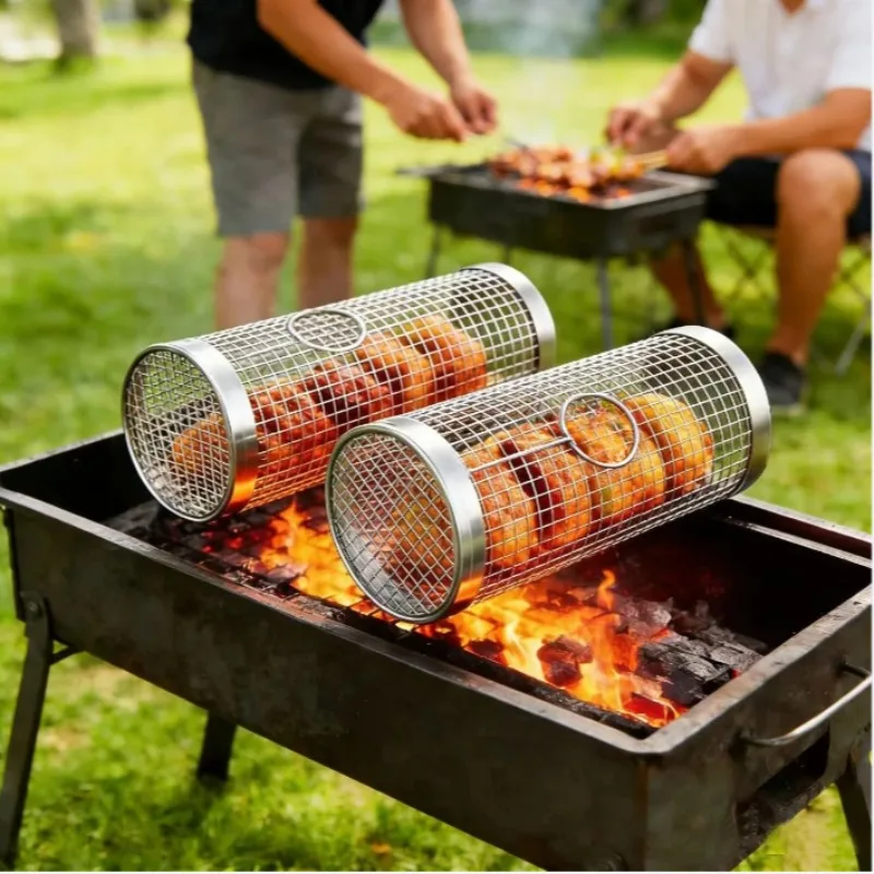 304 Stainless Steel Round Barbecue Net,Rolling Barbecue Grill Cage,Portable BBQ Grill Mesh,Barbecue Basket Outdoor Camping