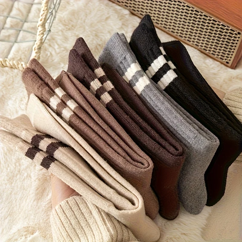 3 Paar Four Seasons Damen-Socken mit vertikaler Stange, verdickt, Retro, schlicht, modisch, gestreift, vielseitig, weich und bequem, warm, lange Socken – Detail 3