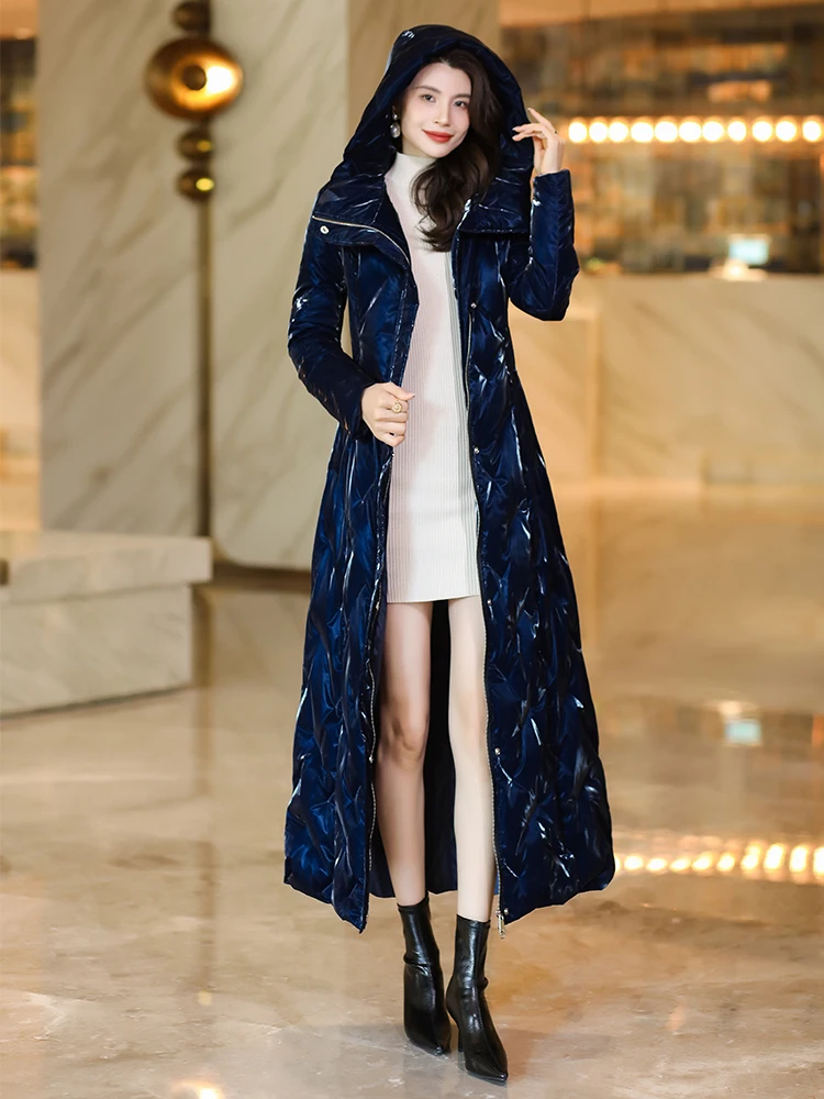 

luxury Glossy Fashion 90% duck down coat brand hooded X-long down jacket women's over the knee Slim thicker warm coat