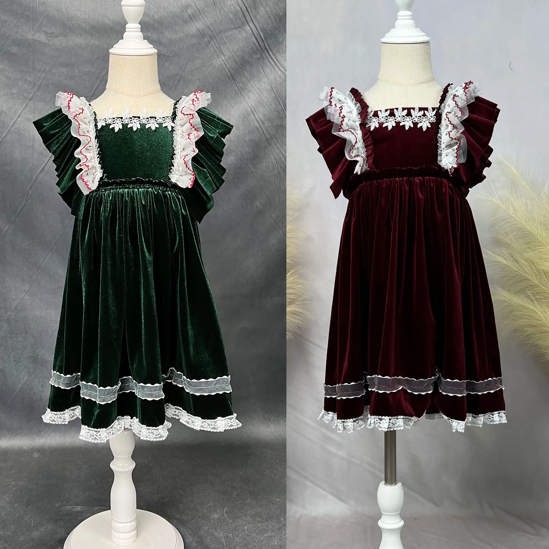 Don&Judy Red Green Dress for Christmas Photo Shoot Prop Velvet Floral Ruffle Princess Kid Baby Girl Gown Children's Casual Dress