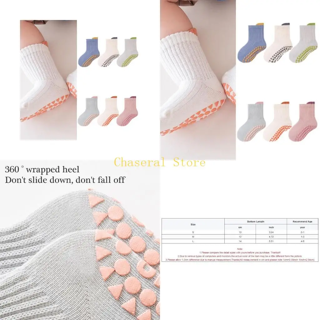 E7CE 3 Pairs Cotton Socks With Anti Skid Soles For Girls Bo…