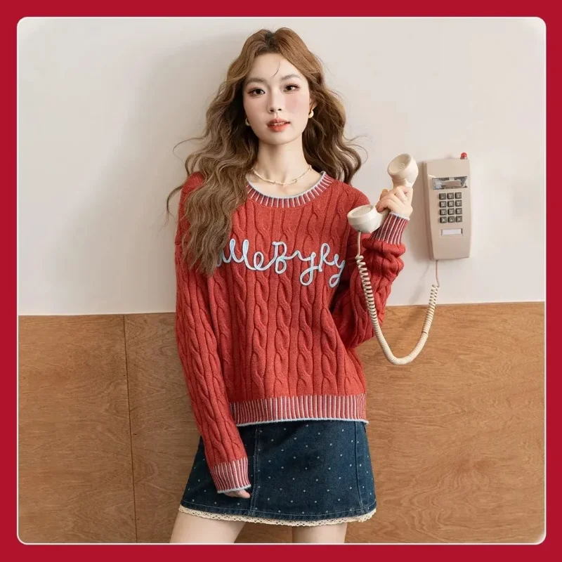 Women Color Block Collar Cable Knit Sweater Loose Short Letter Cord Embroidery Crew Neck Lazy Pullover Top