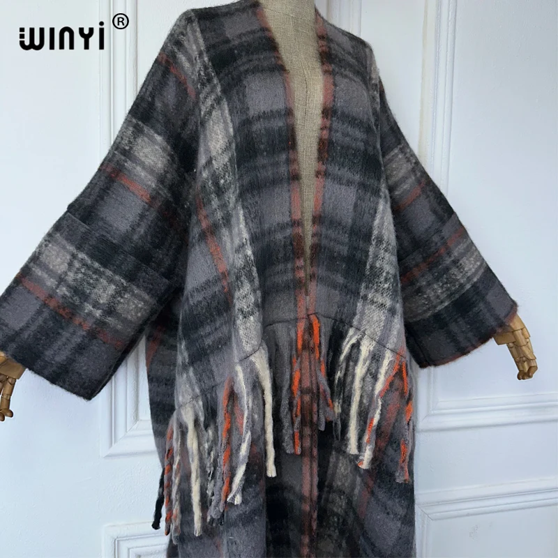 WINYI Africa loose cardigan winter clothes for women check print Luxury Fur coat maxi Thick Warm long down coat tassels jacket