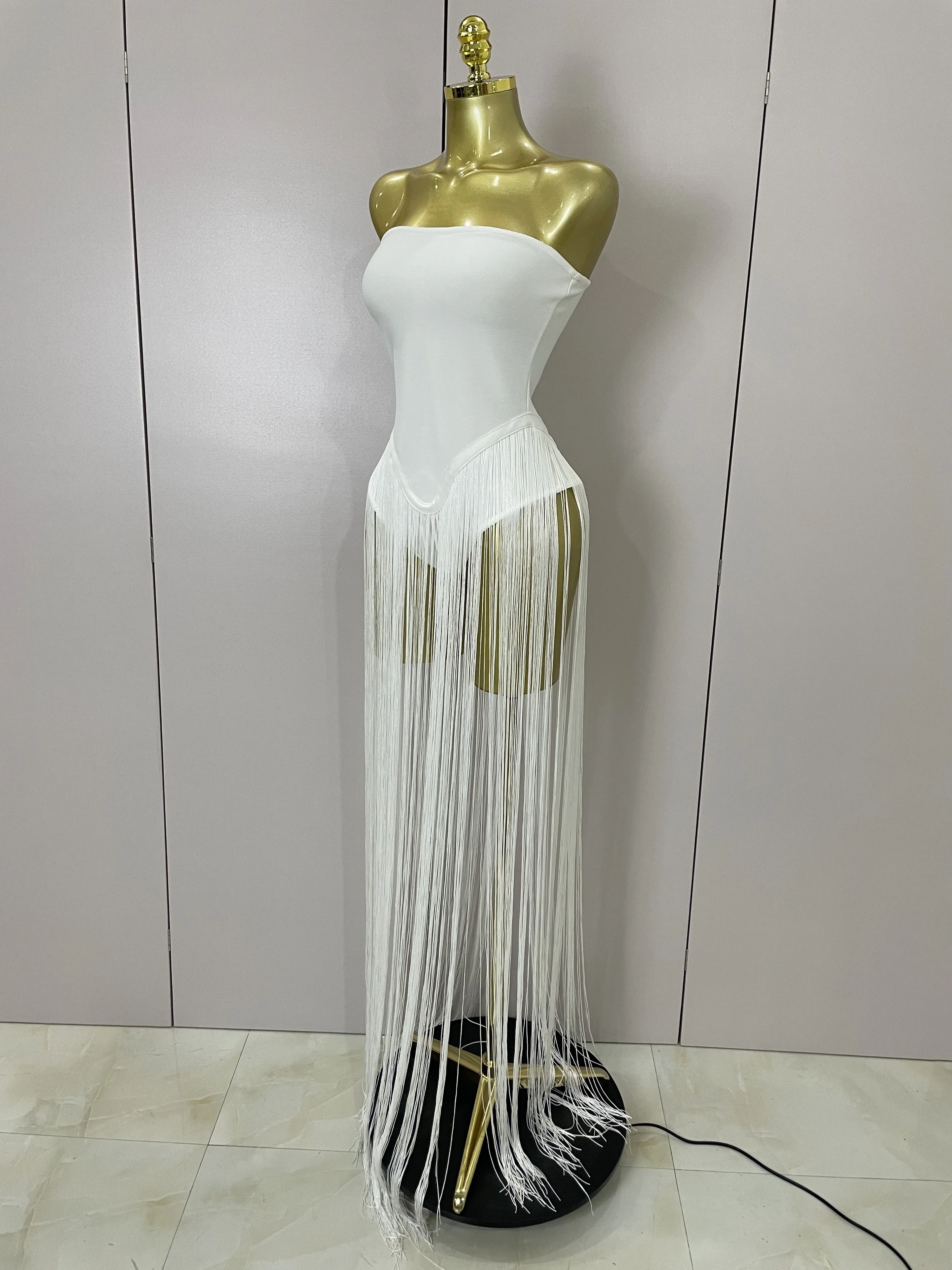 Sexy branco sem alças longo borlas bandagem bodysuit feminino elegante festa de noite luxo aniversário boate cantor palco outfit