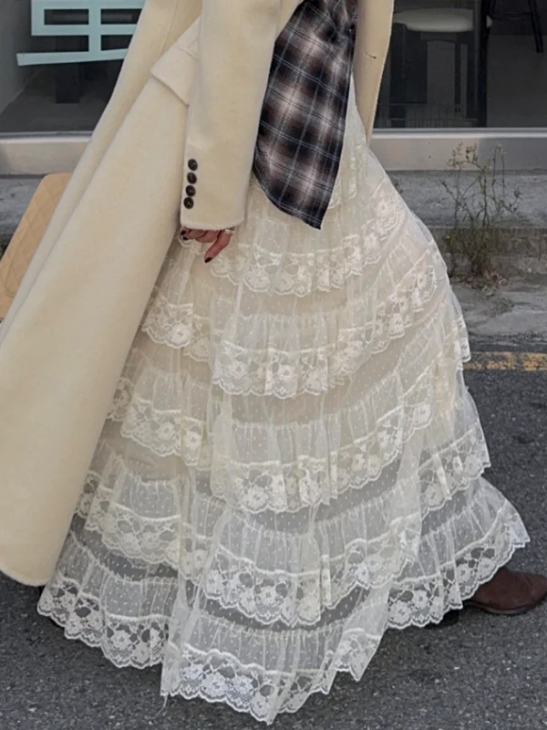 Chic Hohe Taille Spitze Me Kuchen Rock frauen Faionable Elastische Taille Rock Koreanische Sle Gestickte Ci Pendeln