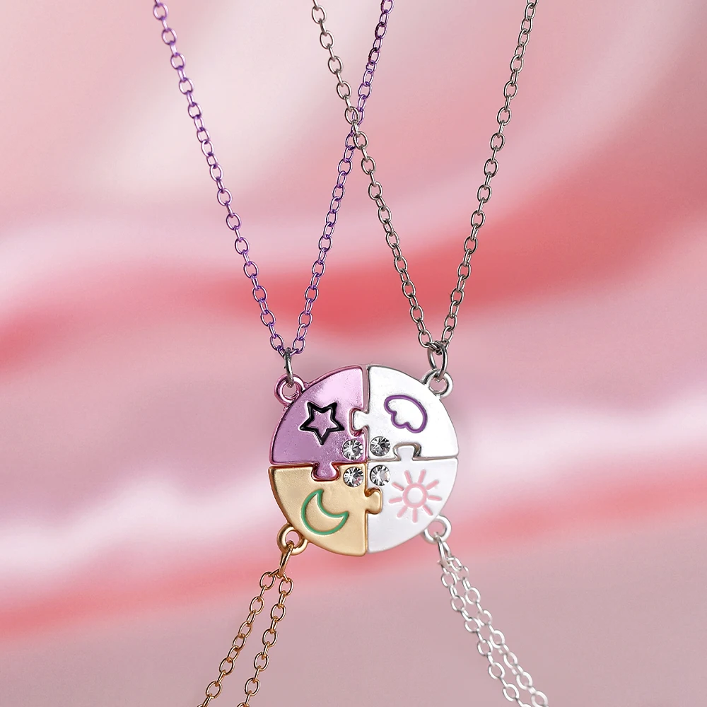 4Pcs/Set Best Friends Forever And Ever Necklace 3 Colors Design Moon Star Sun Cloud Pattern Pendant For Women Friendship Jewelry