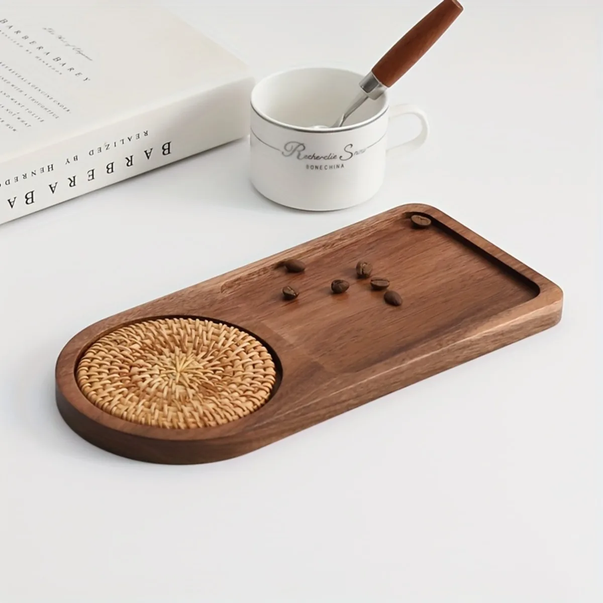 

Geometric Wooden Breakfast Tray Set: Artistic Original Design with Natural Wood Finish, Perfect for Coffee and Snacks