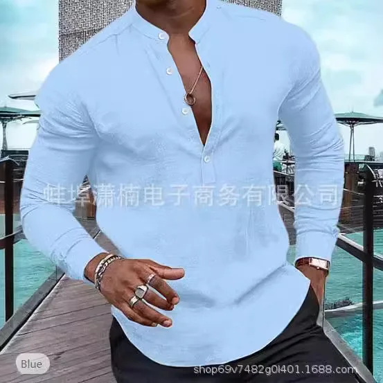 Men's Long-sleeved T-shirt Loose Undershirt Solid Color Long-sleeved Stand-up Collar Shirt