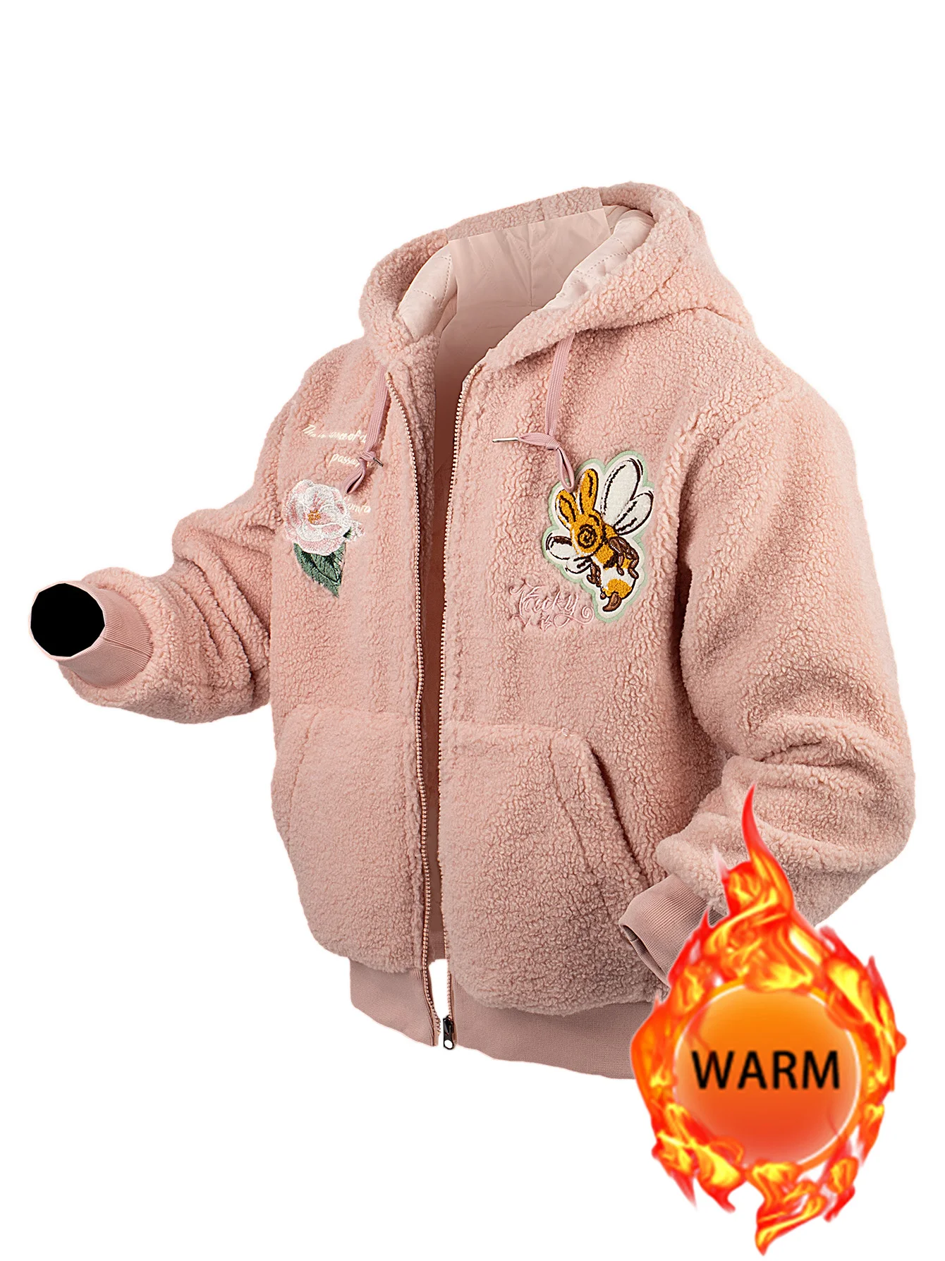 سترة نسائية بغطاء للرأس من الصوف بسحاب ملابس خارجية سميكة دافئة للخريف والشتاء مع جيوب كاجوال عصرية مطرزة يومية للجنسين #5