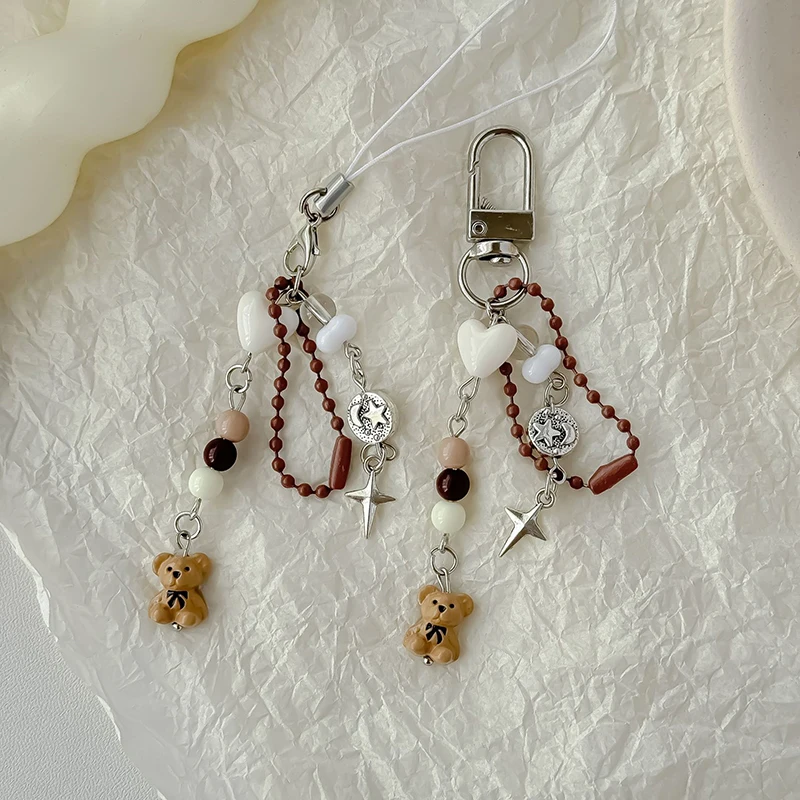 Little Bear Bead Keychain Phone Charm Strap For Girls Vintage CCD Camera Chain Bag Lanyard