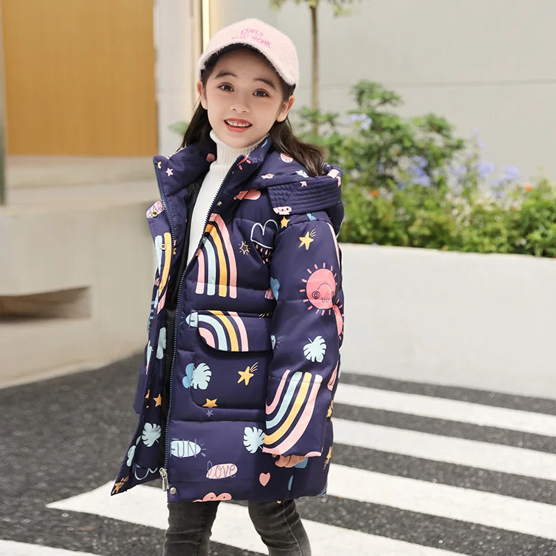 2024 Korean Winter Girl Down Jacket Graffiti Waterproof Wash-free Hooded Girl Outerwear Coat 3-10 Years Kids Girls Parka Outfit