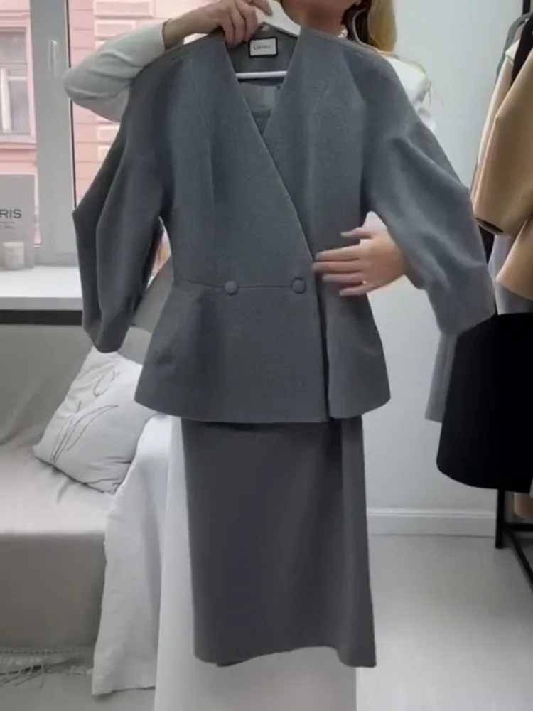 Autumn New Fashion Solid Color Button Puff Sleeve Skirt Two-piece Set Women's Elegant V-neck Long-sleeved Dress Dress Set