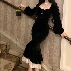 Elegant Black Velvet Midi Dresses for Women Square Collar Slim Bodycon Ruffles Patchwork Fishtail Autumn New Evening Party Dress