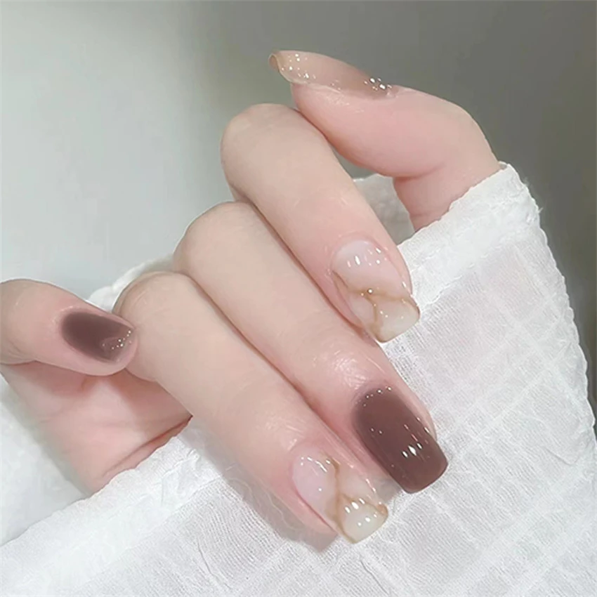 

24Pcs/Set Simple White Fashion Press on Nails Marbled Halo Wearing False Nails Paste Gentle Temperament Acrylic Fake Nails Tips