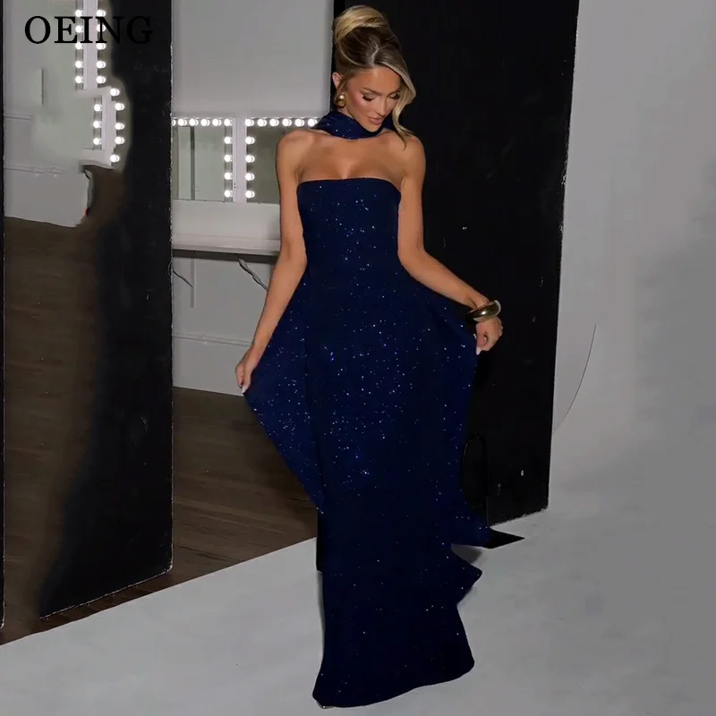 

OEING Sparkly Mermaid Prom Dress Sequined Royal Blue Strapless Sleeveless Floor Length Evening Dresses At Night Customized