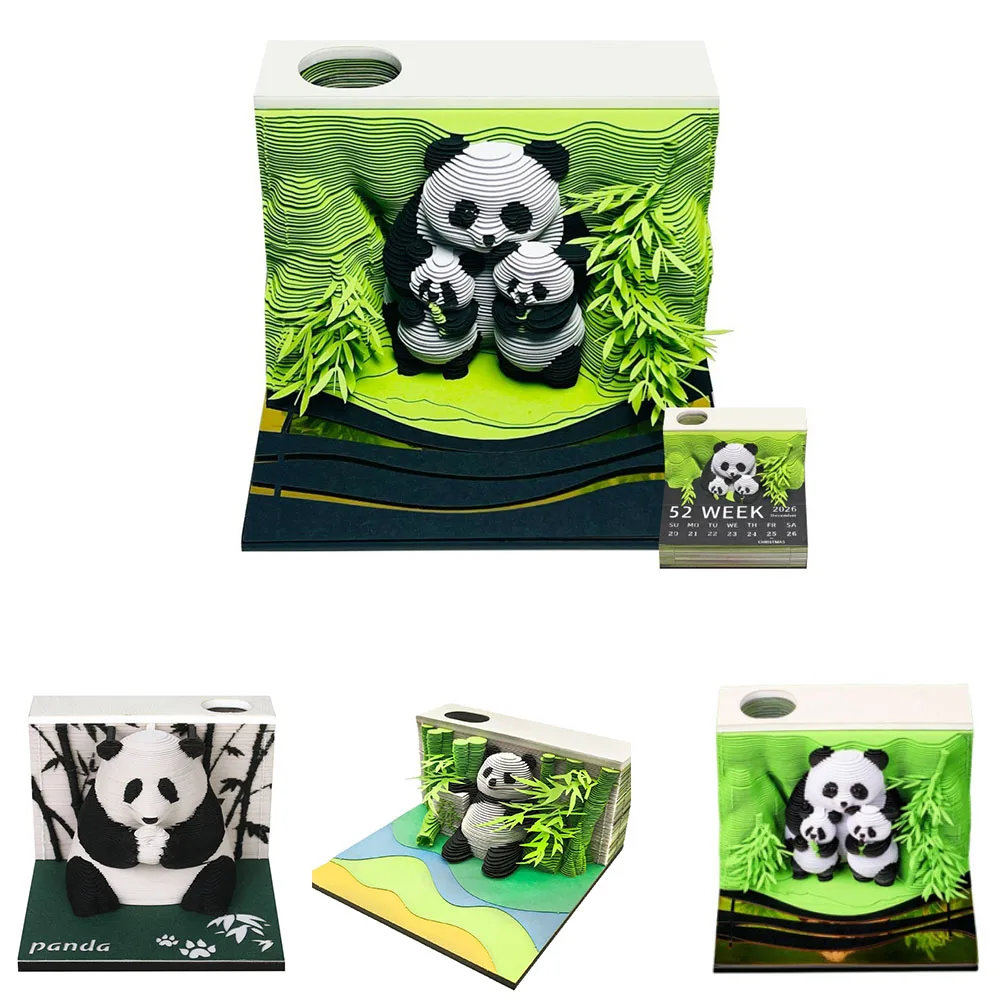 

1Pc 2026 Family Panda Desk Calendar 3D Tear-away Calendar Paper Carving Art Memo Pad Notepad Christmas Gift For Home Decor