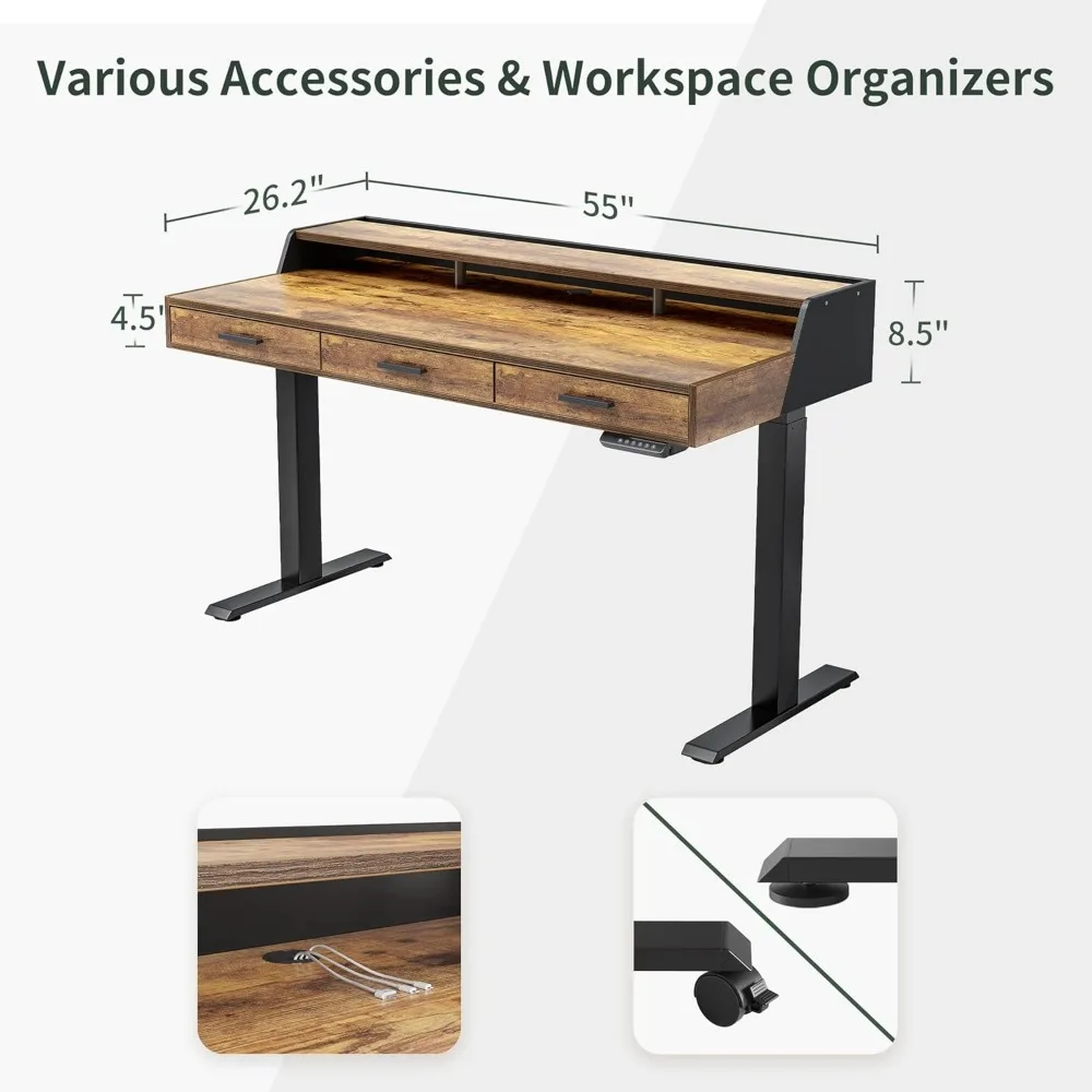 Electric Standing Desk with Drawers, 48x24 Inch Standing Desk Adjustable Height, Stand Up Desk with Monitor Shelf, Sit St