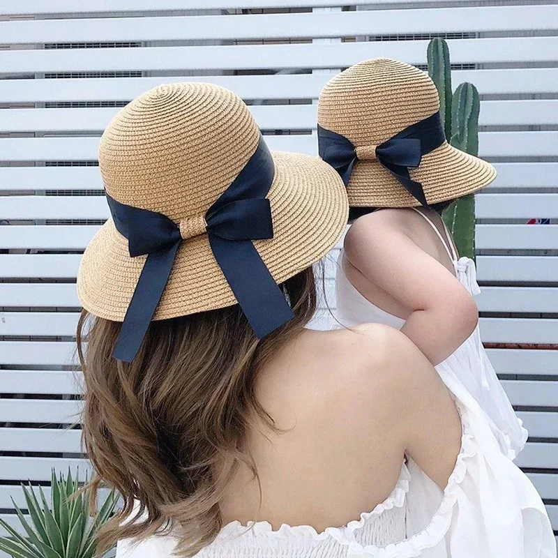 

2pcs/set Chic Mother Girl Straw Hat Sweet Retro Bow Travel Sun Shade Beach Hat Summer Elegant Women Kids Hat Photography Props